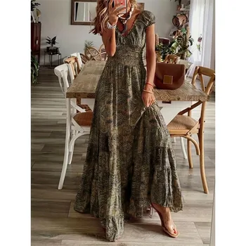 Plus Size 1XL-5XL New Summer Women Vintage Print Maxi Dresses Casual V Neck Short Sleeve Elastic Waist Dress Female Long Dresses
