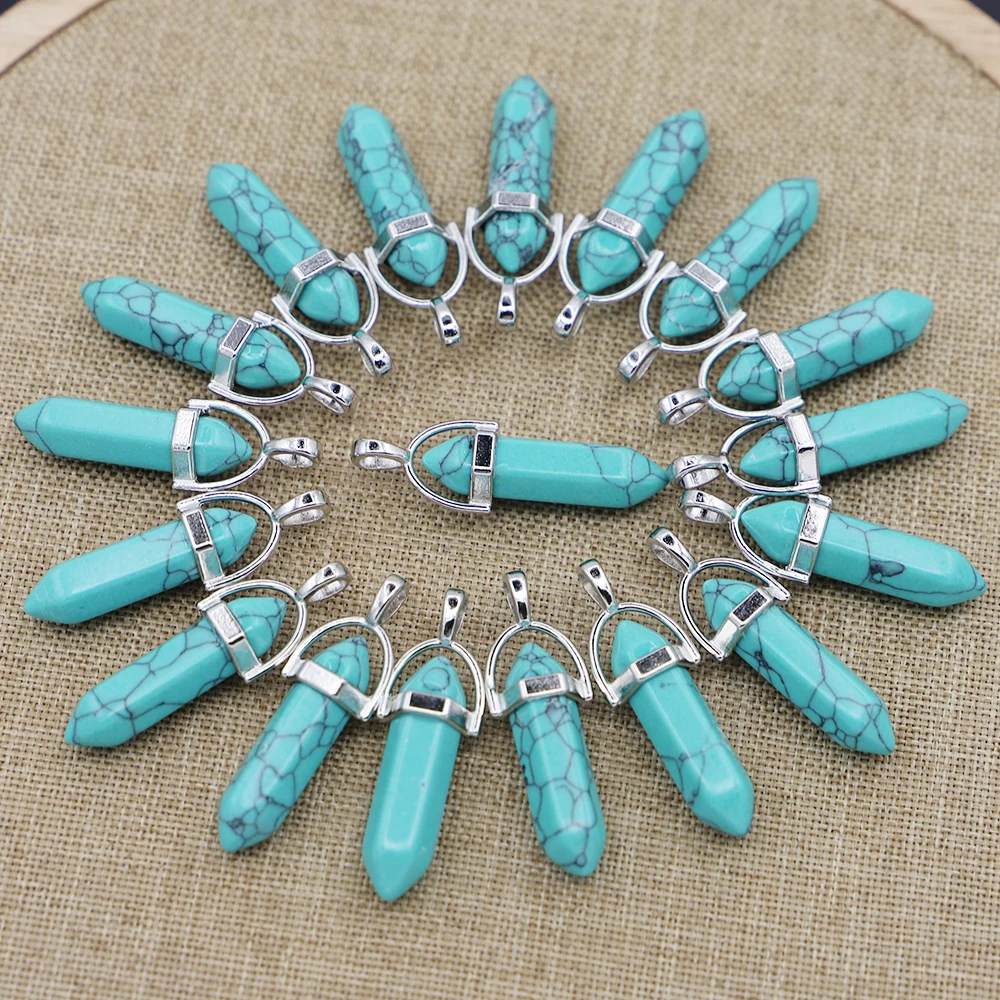 

Natural Turquoise Stone Pillar Point Pendants Hexagonal Column Shape Necklace Women Jewelry Accessories Making Wholesale 24PCS