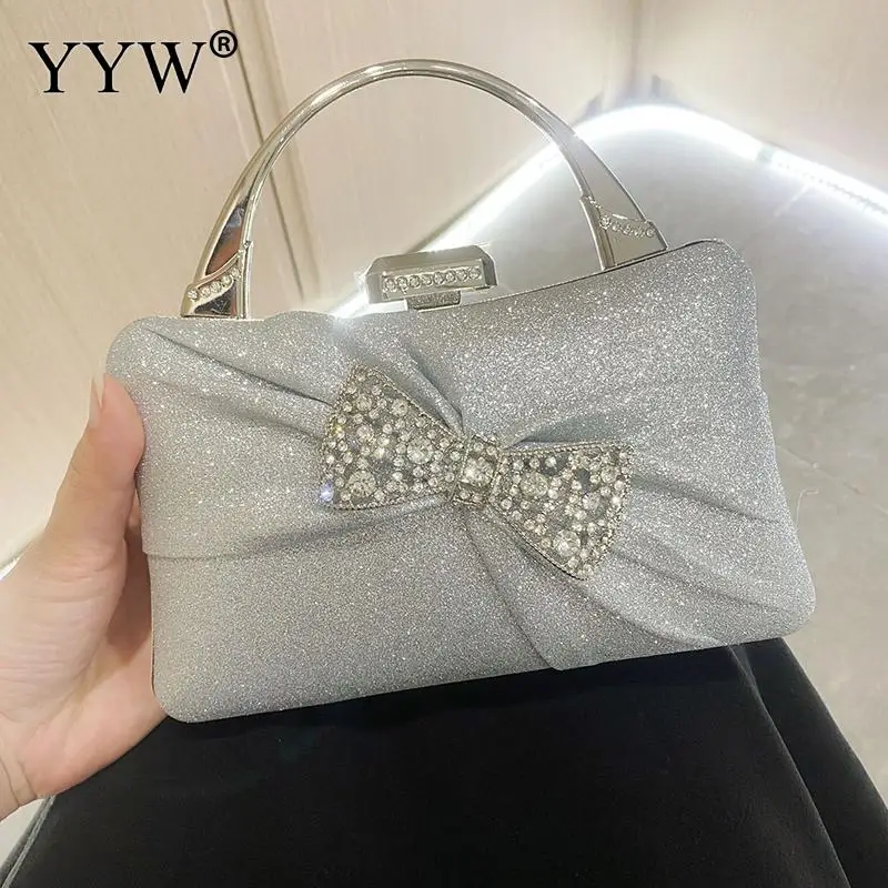 Luxury Sequins Women Clutch Handbag with Rhinestone Bowknot Top Handle Lady Party Evening Diamond Bead Messenger Purse Chain Bag