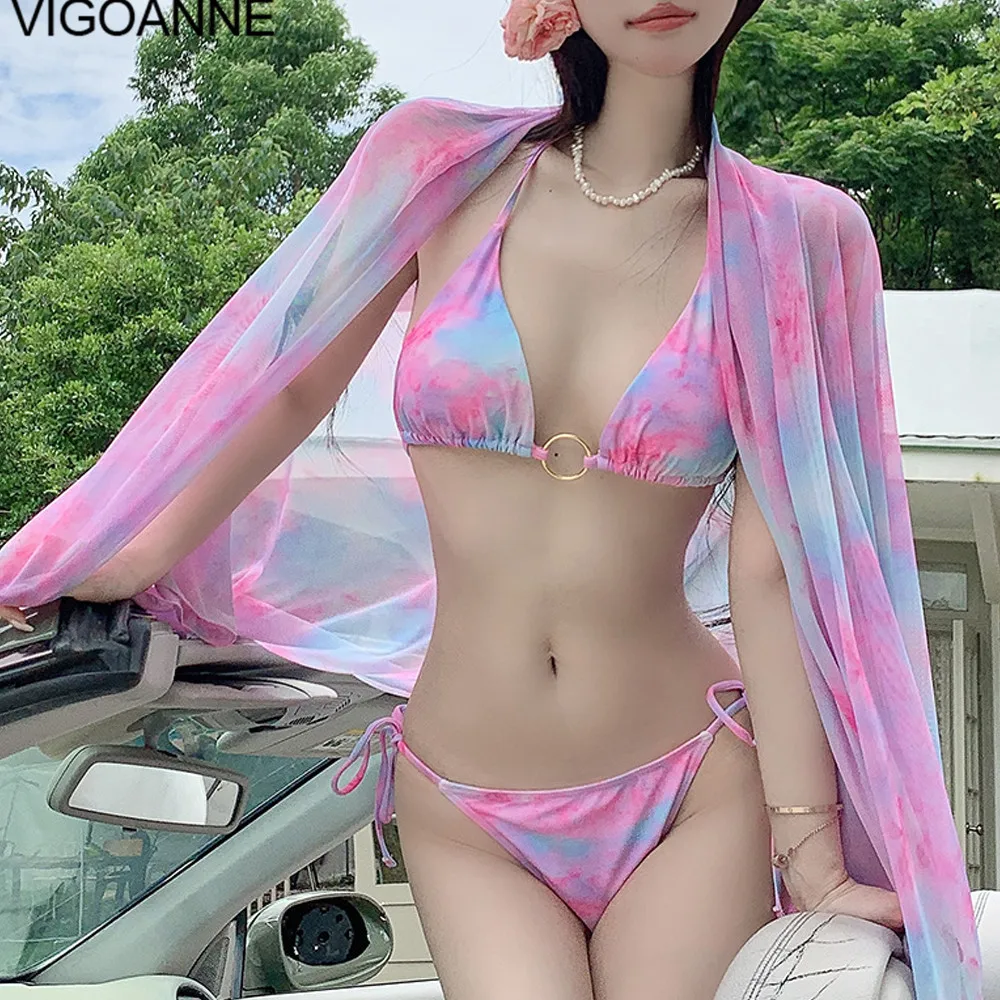 

VigoAnne 2024 Print Tied Halter Swimwear Women Sexy Mesh Skirt 3 Piece Bikini Set Korean Push Up Swimsuit Backless Bathing Suit