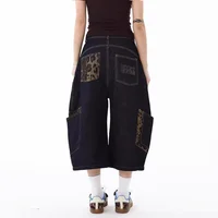 American Retro Leopard Print Pocket Knife Jeans Loose Wide Leg Workwear Seven Pants Casual Style for Men And Women