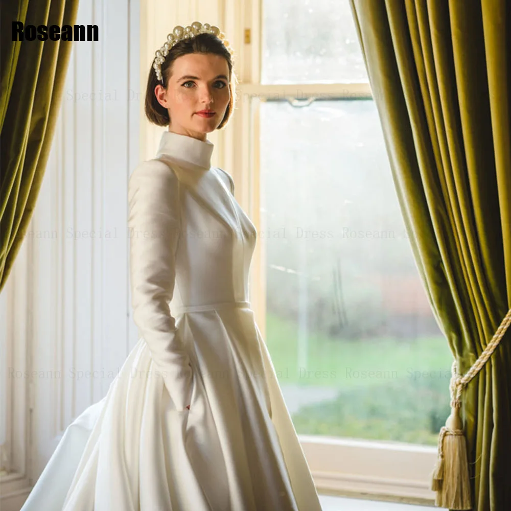 Muslim Exquisite A-line Wedding Dresses High Collar Belt Draped Pleat Brush Train Satin Bride Gown Floor Length robe de mariée 4