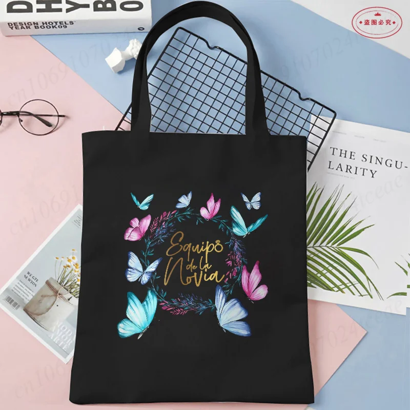 Team Bride Shopping Bags Bridal Shower Wedding Shoulder Bag Spanish Woman Single Farewell Bachelorette Hen Party Canvas Tote Bag 3