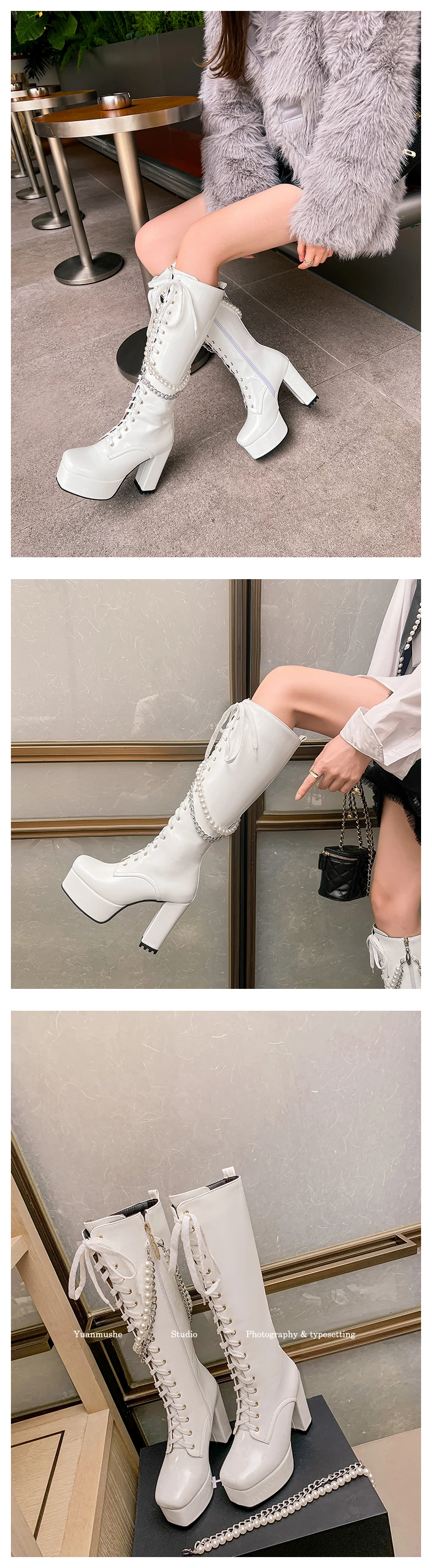 Shiny Patent Leather Super Platform Chunky Heel Metal Chain Pearl String Motorcycle Boots Cross Lace Up Side Zip Punk Knee Boots