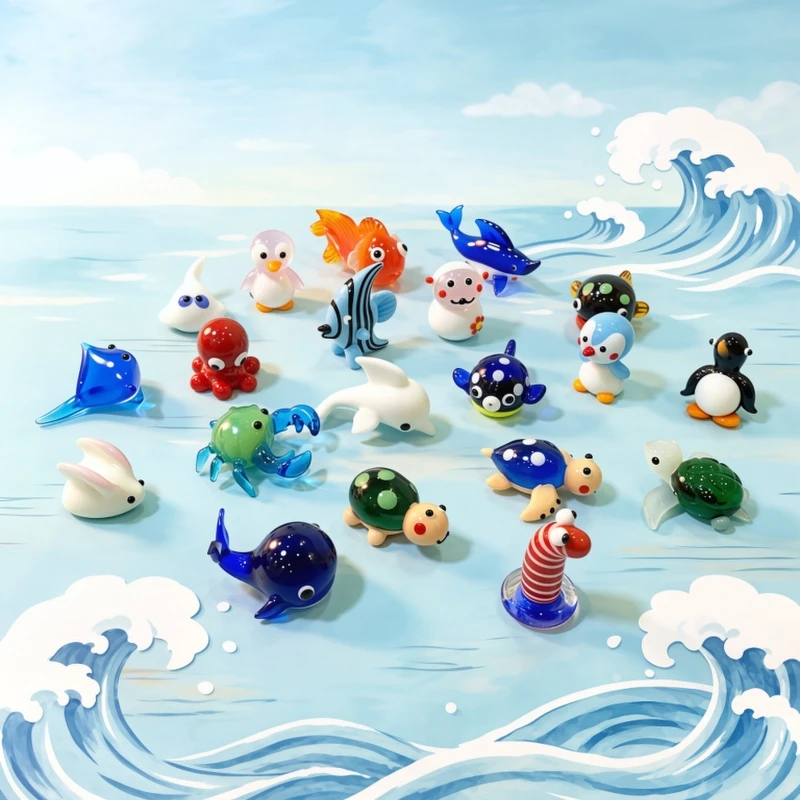 Mini Glas meeres tiere Statuette niedlichen Meeresfisch Delphin Tintenfisch Pinguin Kugelfisch Stachel rochen Walhai Fisch Krabbe Meeres schildkröte Elektrischer Aal Goldfisch Kaninchen Affen Ornamente