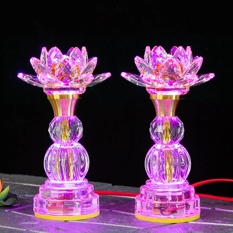 Buddha Offering Lamp, Buddhist Supplies LED Colored Crystal Lotus Lamp, Used for Buddha Light, Household Use, Prayer, Meditation