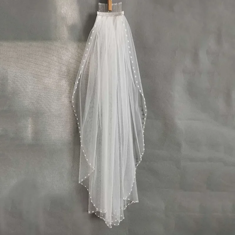 White lvory 1 Tier Elbow length Wedding Veils Crystal Cut Edge Bridal Veil With Comb beaded veil trim