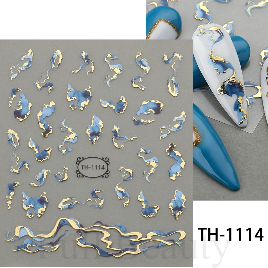 Nail Stickers 3D Golden Wave Line Nail Sticker Marble Blue Geometry Abstract Flowers Nail Art Sliders Decals Foils Manicure Decorations