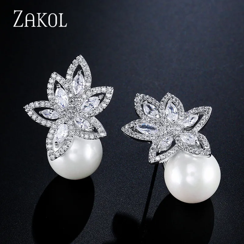 ZAKOL Simulated Pearl Stud Earrings Exquisite Cubic Zircon
