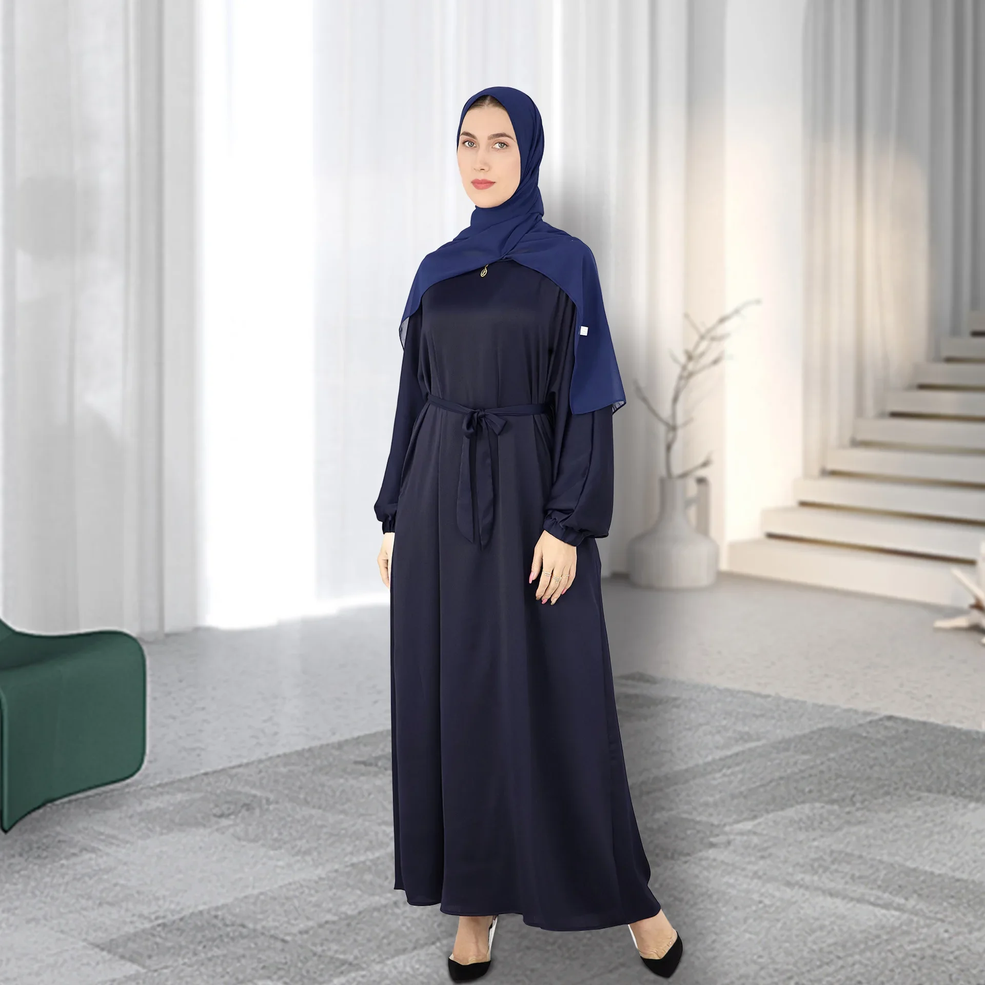 Eid Satin Abaya Dubai Muslim Long Dresses for Women Plain Abayas Luxury Belted Modest Party Dress Islamic Turkey Hijab Kaftan