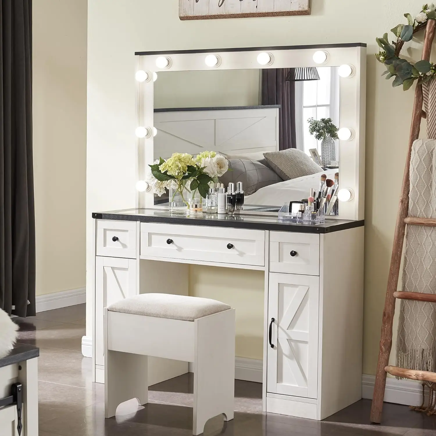 

43" Makeup Vanity Desk with Mirror and Lights, Farmhouse Vanity Dressing Table Set with 3 Drawers & 2 Cabinets, Stool