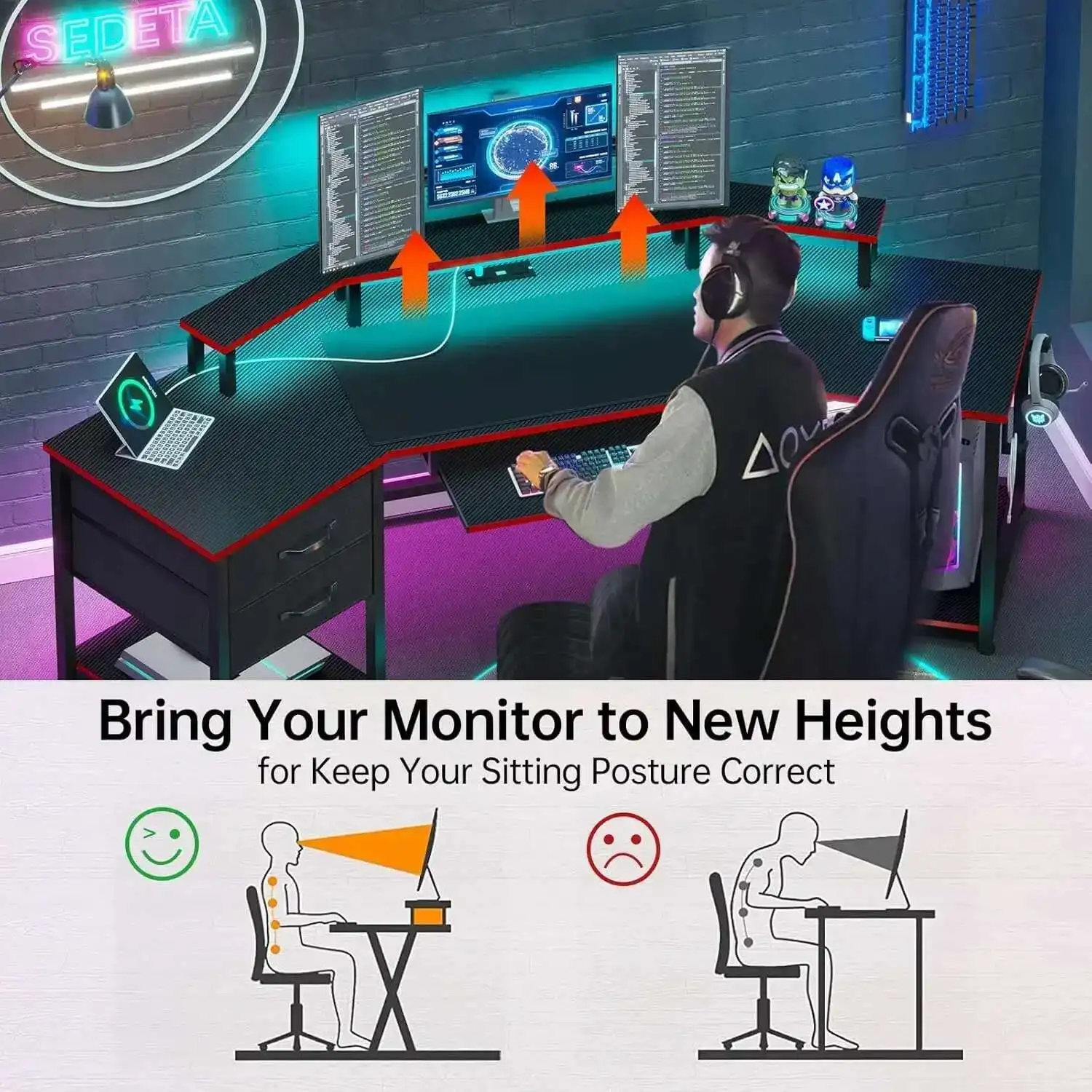 For 79" Gaming Desk, Computer Desk with 2 Fabric Drawers & LED Light, L Shaped Gaming Desk with Storage Shelf for Home Office