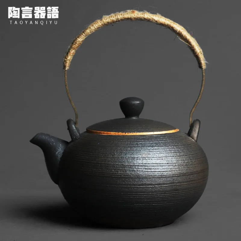 

Black stone texture copper ring handle water boiling teapot hand antique pottery charcoal fire gas open fire coffee milk teapot