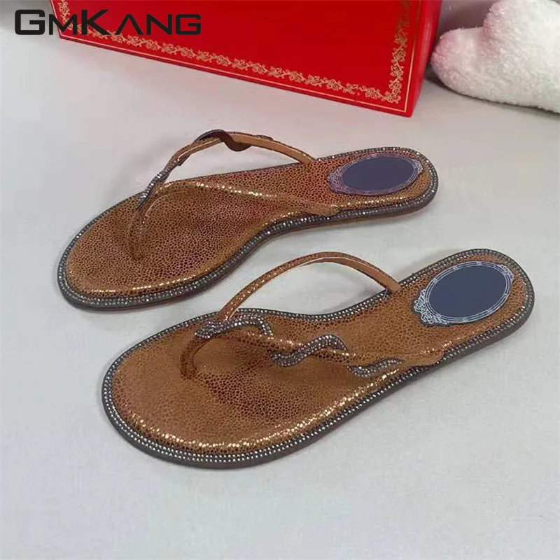 Summer women's foot clip diamond snake round flat herringbone slippers