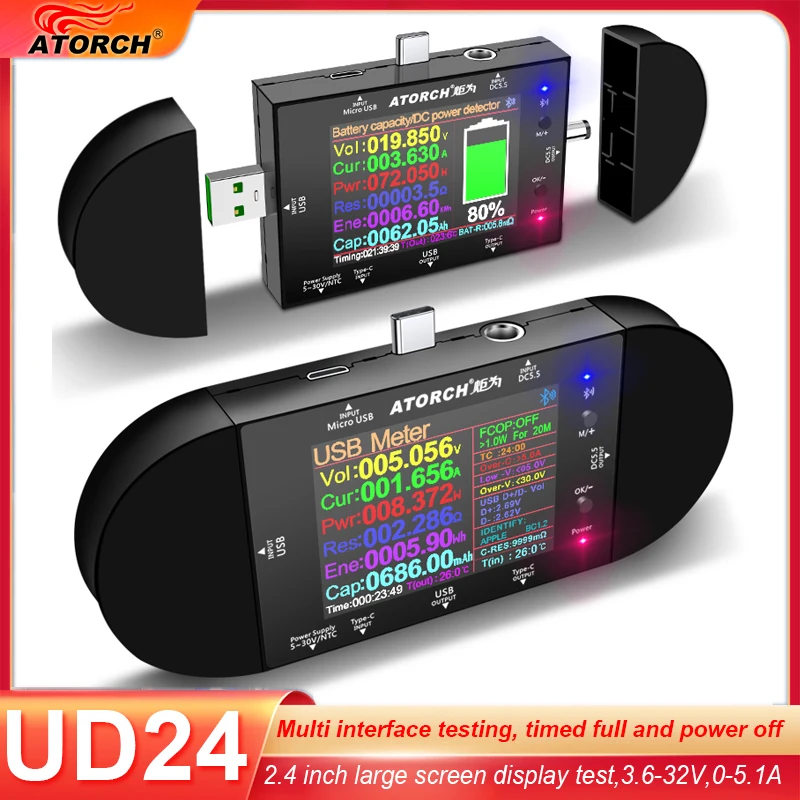 UD24 2.4inch USB tester DC5.5 Type-C digital voltmeter ammeter power bank voltage detector volt QC PD electric meter for APP