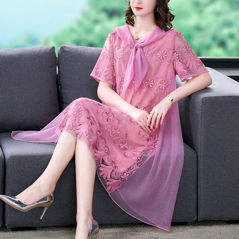

2023 Women's Dress Summer Loose Size Embroidered Short Sleeve Long Dress Mesh Panel O Neck Slim Large Swing Dress Robe