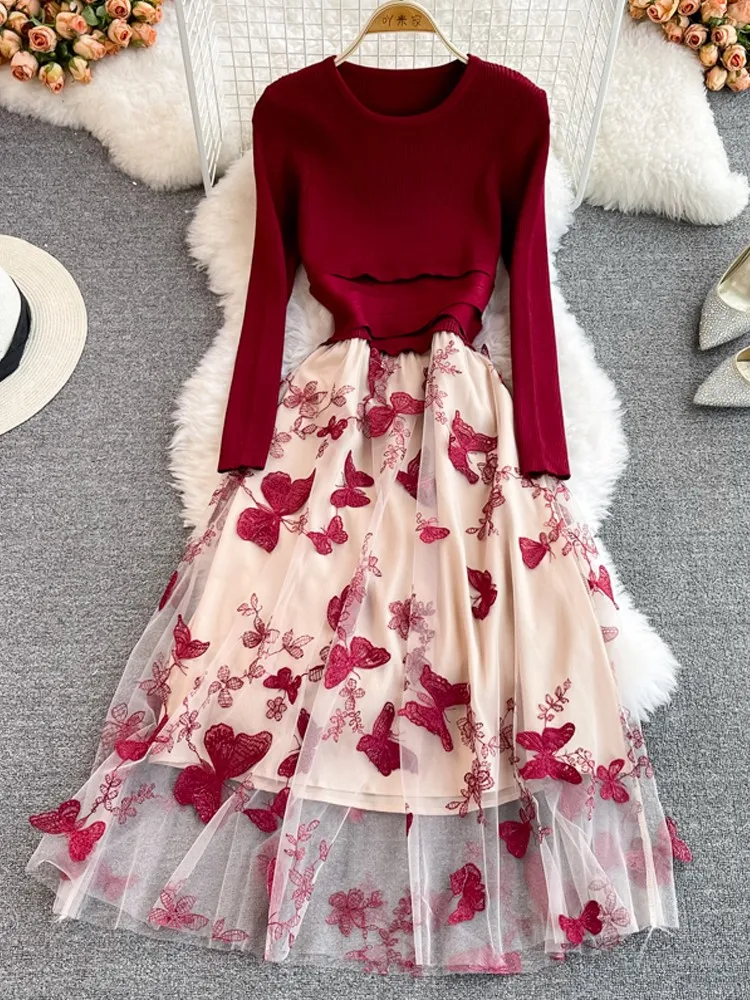 

ZQLZ Spring Winter Dress Women 2022 Elegant Long Sleeve O-Neck Patchwork Robe Vestidos Mujer Vintage Party Long Dresses Female