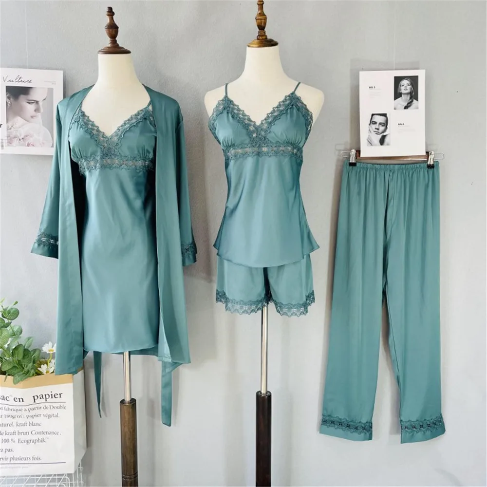 Summer Women Sexy Lace Trim Applique Pajamas 5/2/2/1 Pcs Satin Sleepwear Silk Homewear Clothing Female Pyjama With Chest Pads