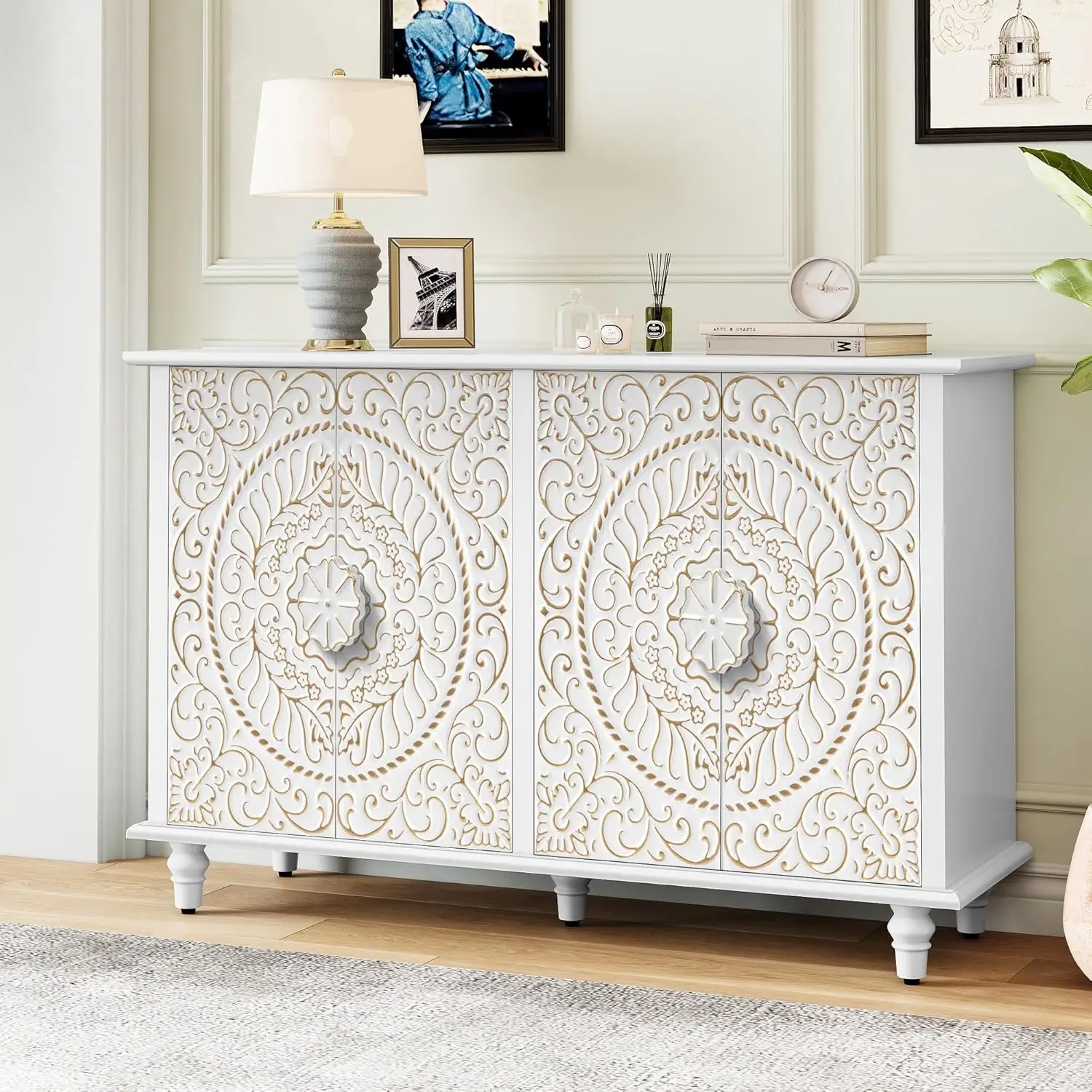 ARTPOWER Decorative Sideboard Buffet Cabinet with 4 Doors, White Accent Storage Cabinet with Carved Flower Pattern