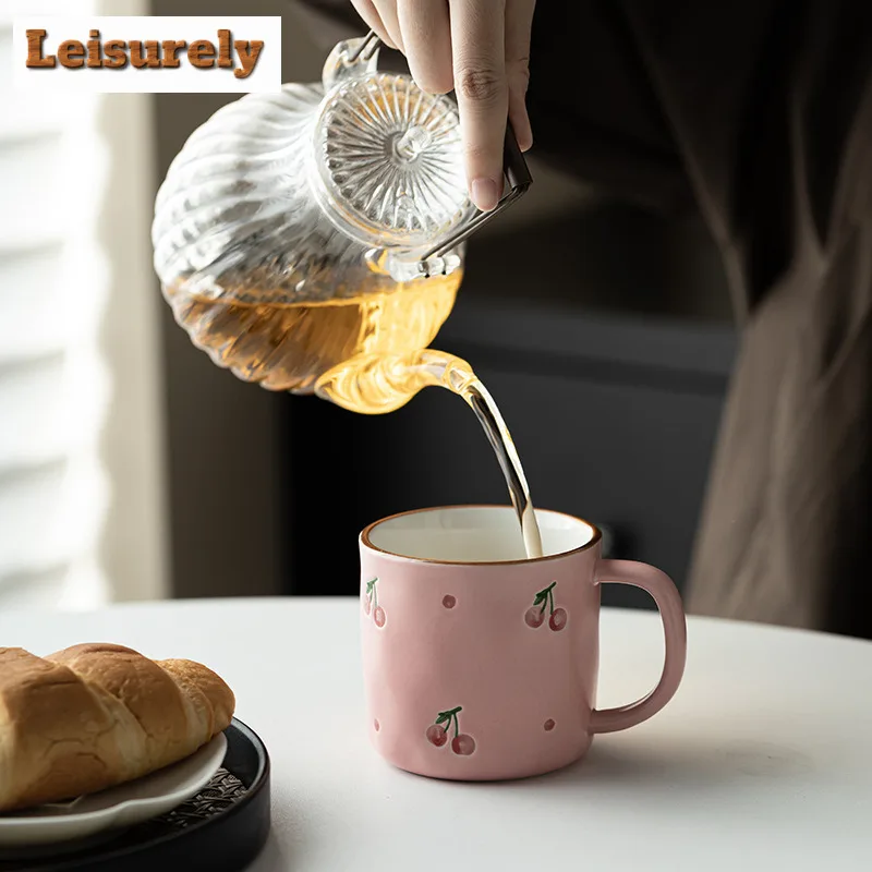 350ML Japanese Hand Drawn Cherry Ceramic Coffee Mug Personal Office Work Cup Water Jug Oatmeal Breakfast Mug Couple Handgrip Cup