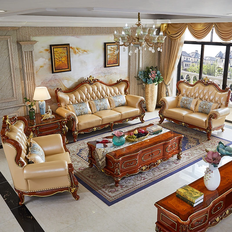 

European style leather sofa, size unit villa, classical American living room, top layer cowhide