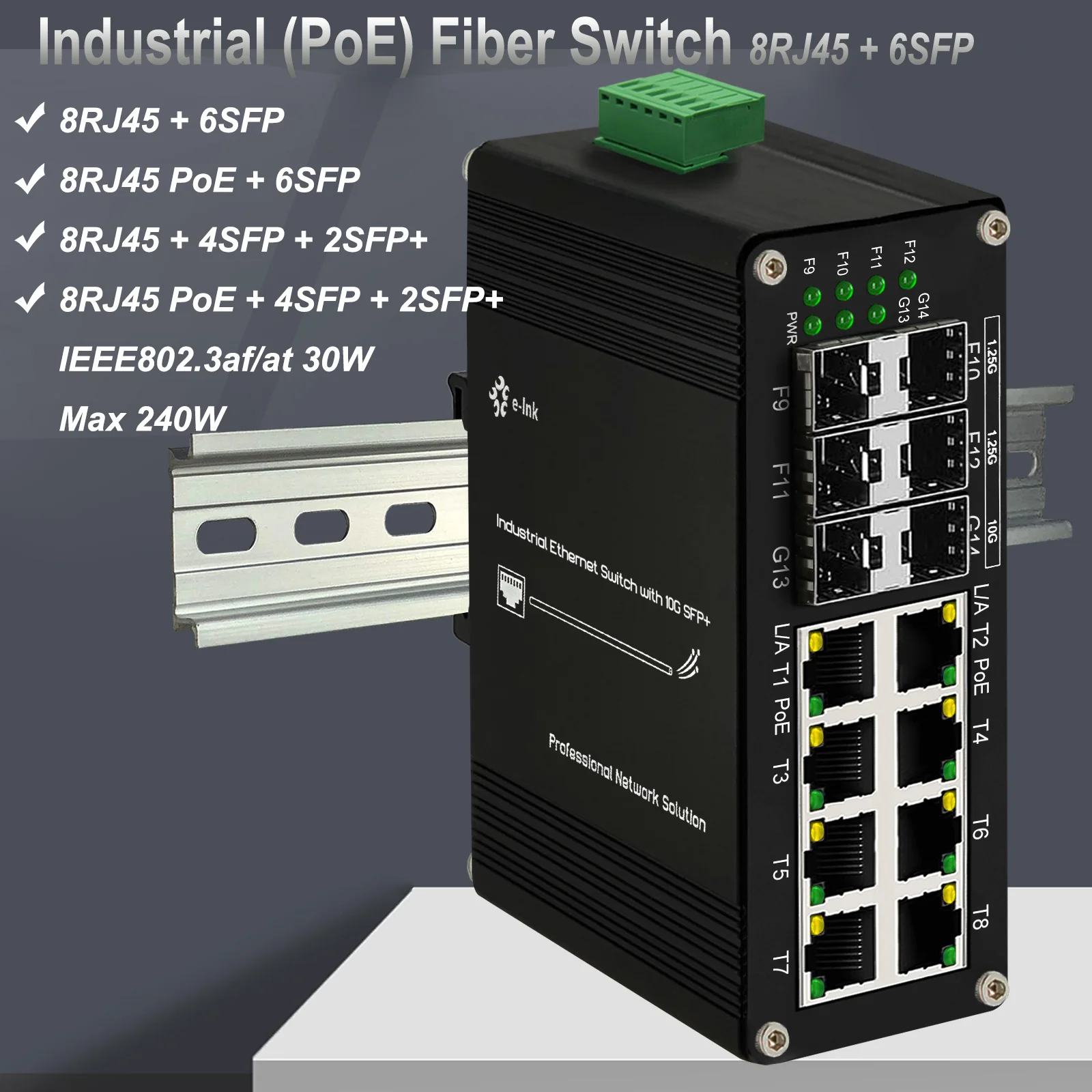 

Industrial (PoE) Fiber Switch:4-Port 1G SFP and 2-Port 10G SFP+ (6-Port 1G SFP), Gigabit 8-Port RJ45 DIN Rail Switch