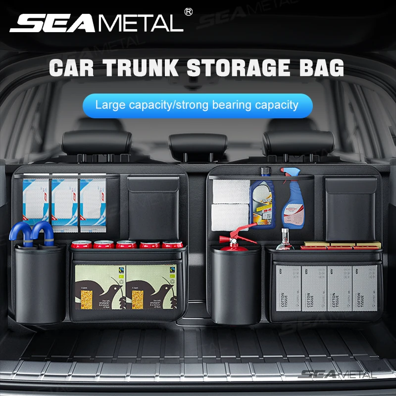 Black Leather Car Trunk Storage Bag Multi Pocket Seat Back Organizer