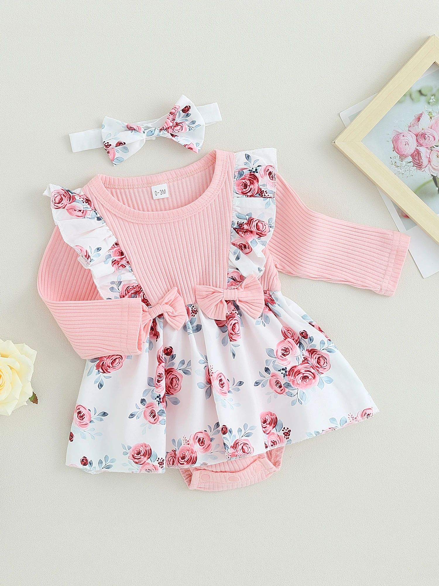 

Baby Girl Floral Print Romper Dress with Long Sleeves and Matching Headband - Adorable Fall Winter Outfit for Newborns