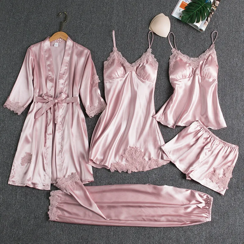 

Female 5/4/2Pcs Pajamas Set Satin Pyjamamas Lace Patchwork Bril Wedding Nightwear Rayon Home Wear Nighty&robe Suit