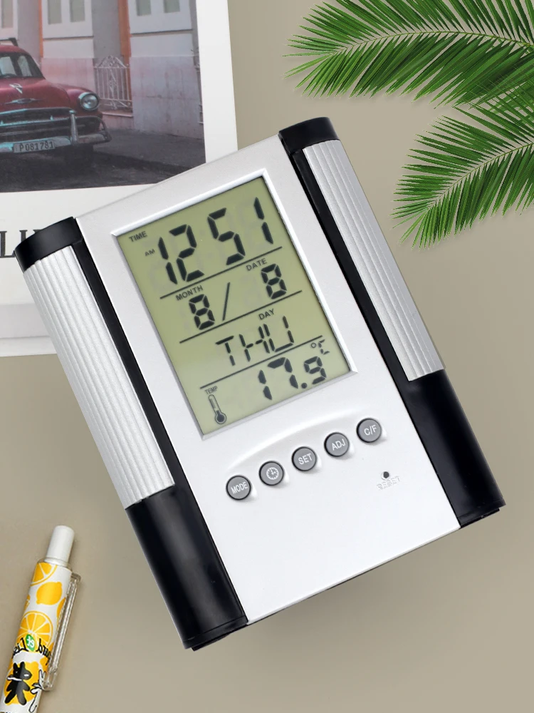 Perpetual Calendar Pen Holder Anti Slip Base Date Time Display Temperature Detection Desktop Storage Decorative Clock Pen Holder 3