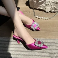 Femmes sandales été nouvelles pantoufles bout pointu Slingback Mules chaussures femme mode strass dames talons hauts pompes de fête Sexy 3