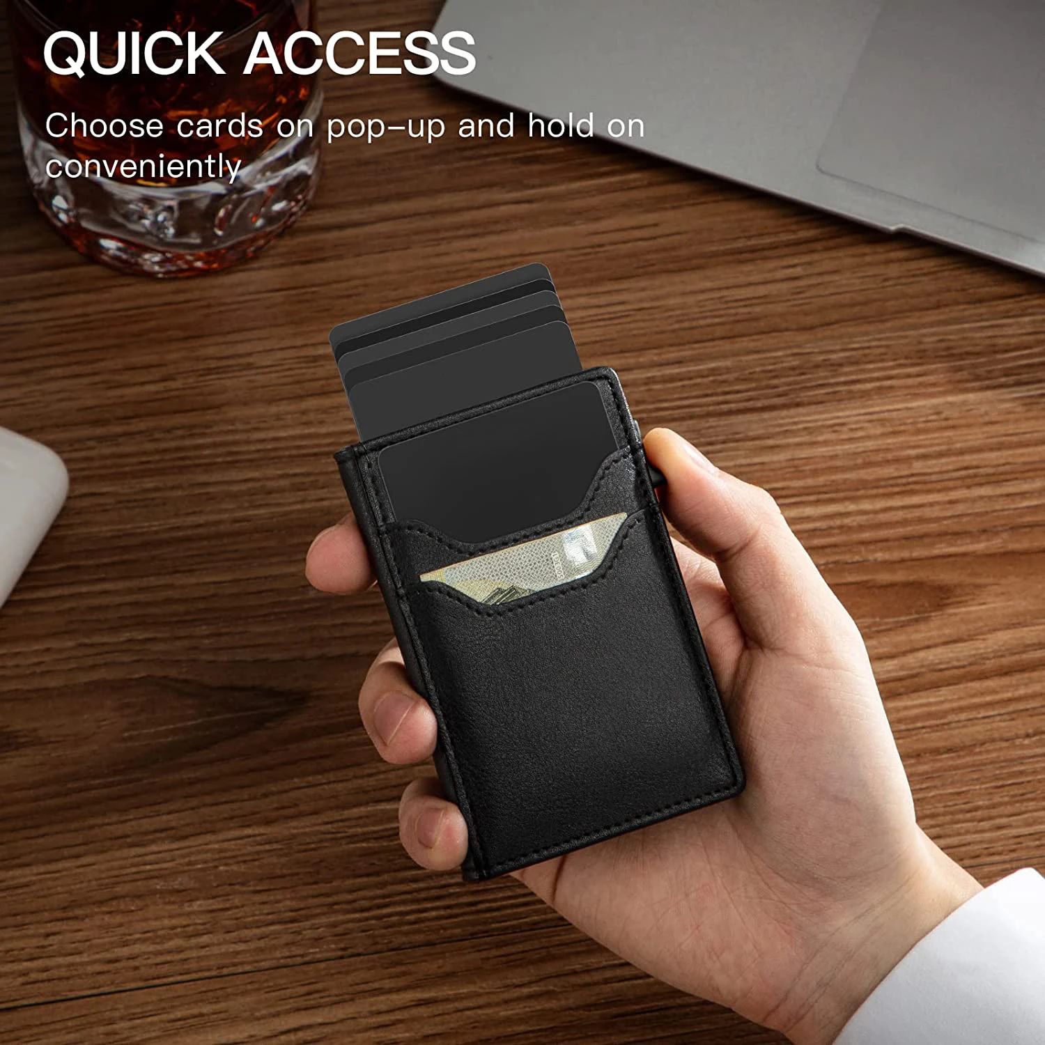 Cartera inteligente de cuero genuino para hombre, billetera negra