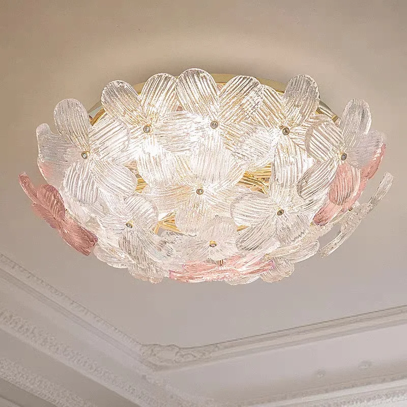 

French Full Spectrum Living Room Petal Glass Lights Luxury Cream Wind Lamp Romantic Bedroom Ceiling Light