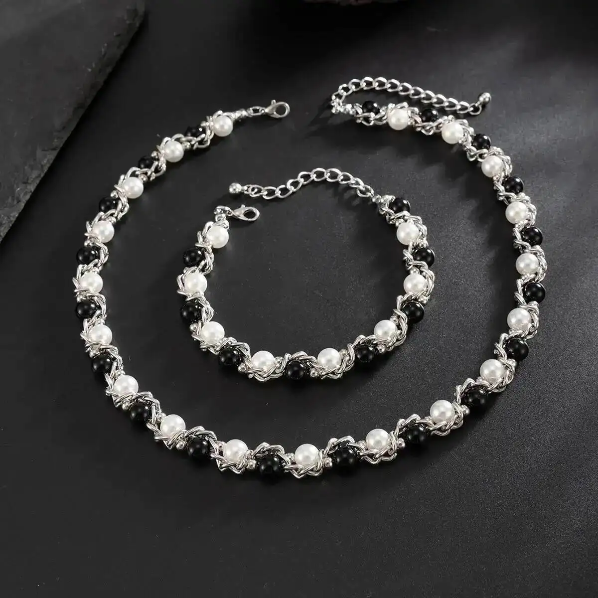 Lacteo 2025 Trendy Creative Imitation Pearl Beaded Chain Necklace Bracelet for Men Vintage Clavicle Chain Charm Jewelry Gift Set