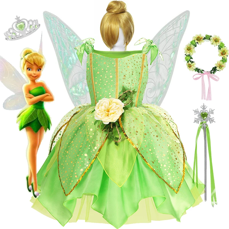 Disney Girls Tinker Bell Costume Costume Primaverile Per Bambini Green Tinkerbell Fancy Dress Fairy Princess Cosplay Carnival Party