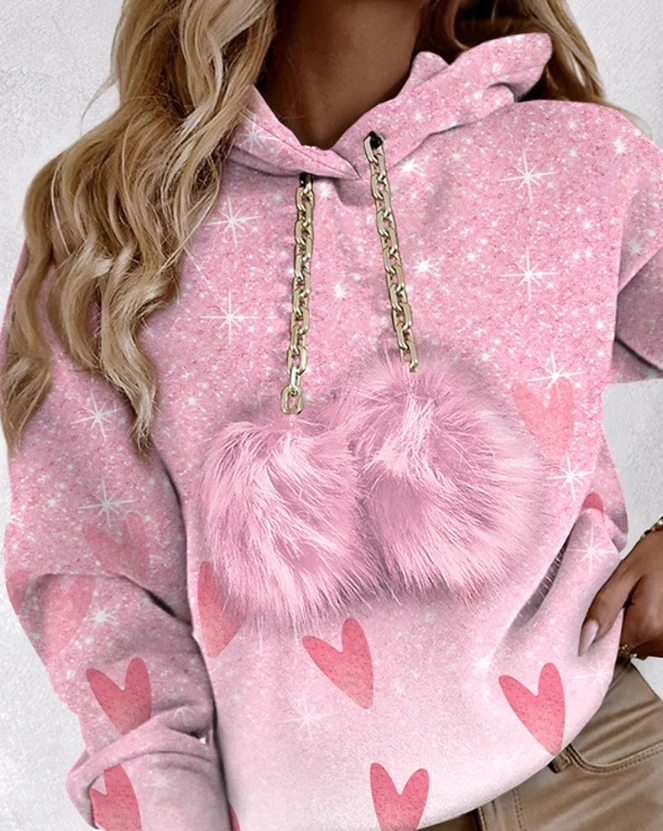 Women's Hoodie 2023 Winter New Fashion Casual Daily Chain Design Heart Pattern Pom Pom Hoodie Basic Versatile Y2K Clothing