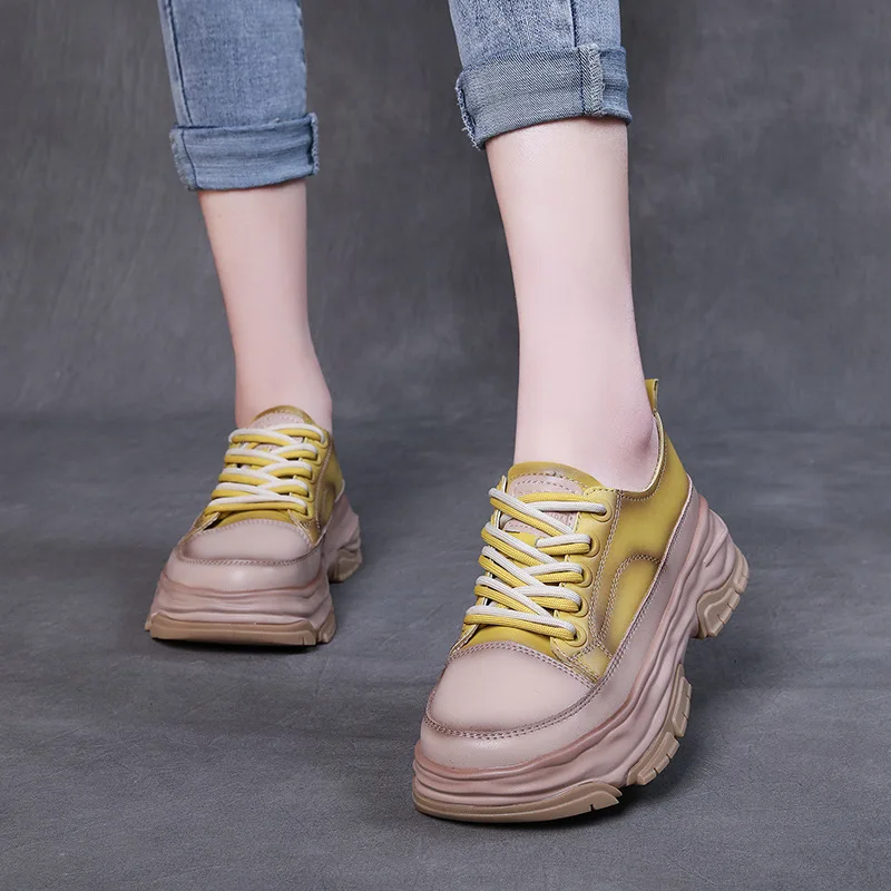 

YourSeason Ladies Lace Up Sneakers Genuine Leather 2022 Women Handmade Fashion Comfortable Platform Retro Casual Shoes