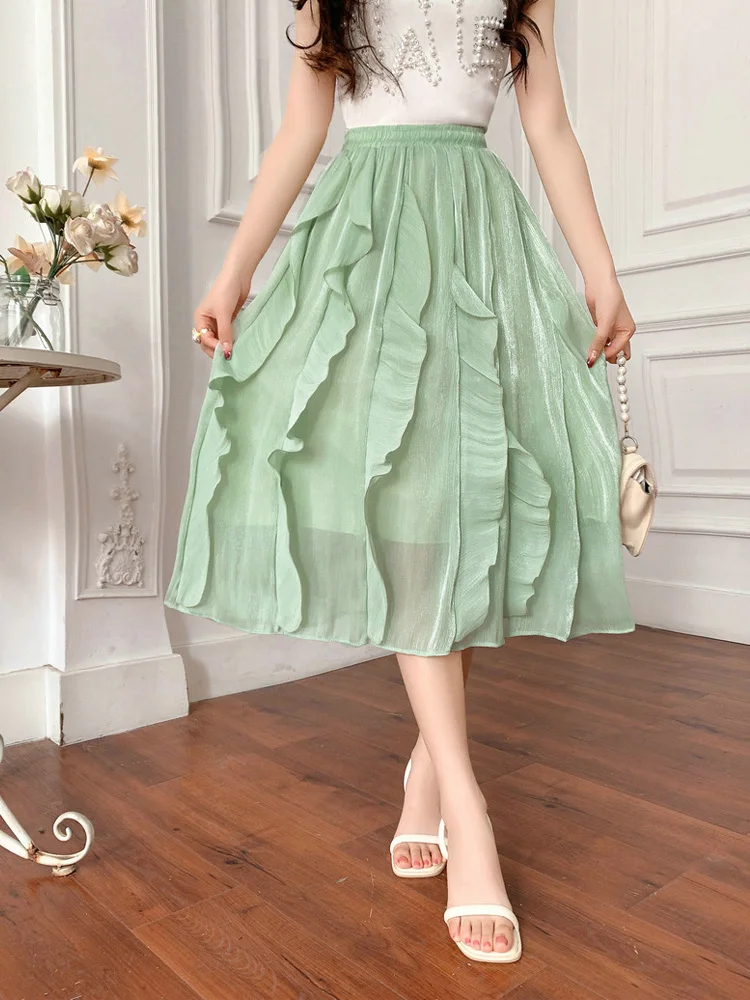 

OHRYIYIE Green Elegant Irregular Long Ruffles Skirt Women 2023 Spring Summer Sweet High Waist A Line Skirt Female Slim Mid Skit