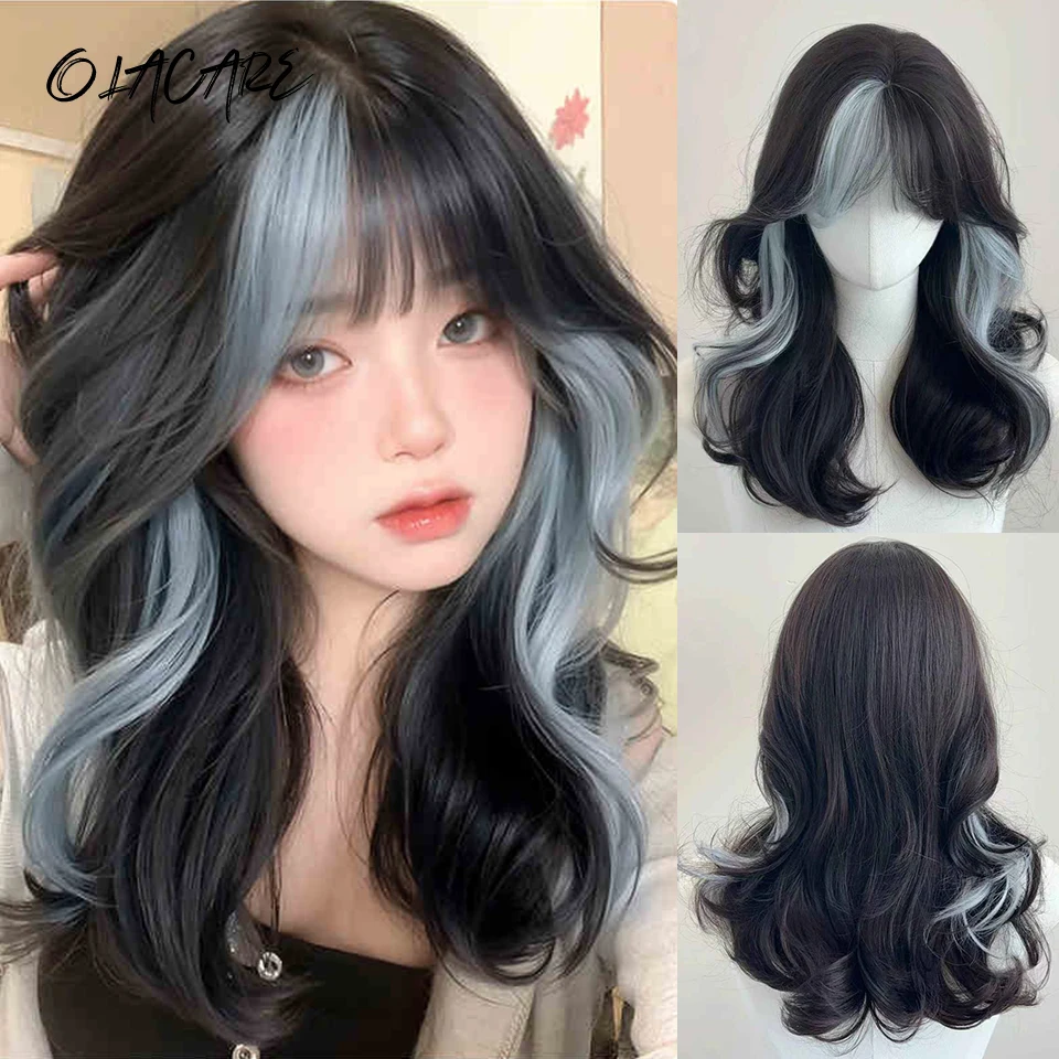 Blue Synthetic Mullet Wig with Bangs for Anime Cosplay