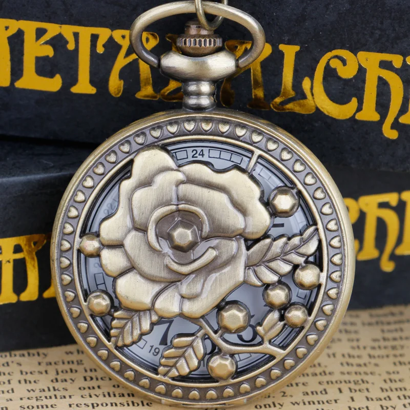 

Bronze Blooming Flowers Openwork Design Quartz Pocket Watch White Dial Arabic Numerals Necklace Pendant Clock Men Women Gift