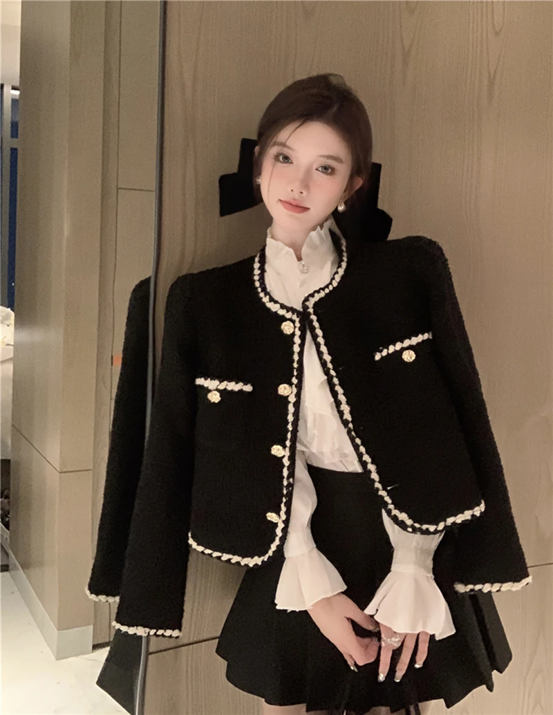 Vintage Tweed Jackets Women Elegant Black Cropped Suit Coat Korean Thicken Blazer Single Breasted Short Outerwear Tops New