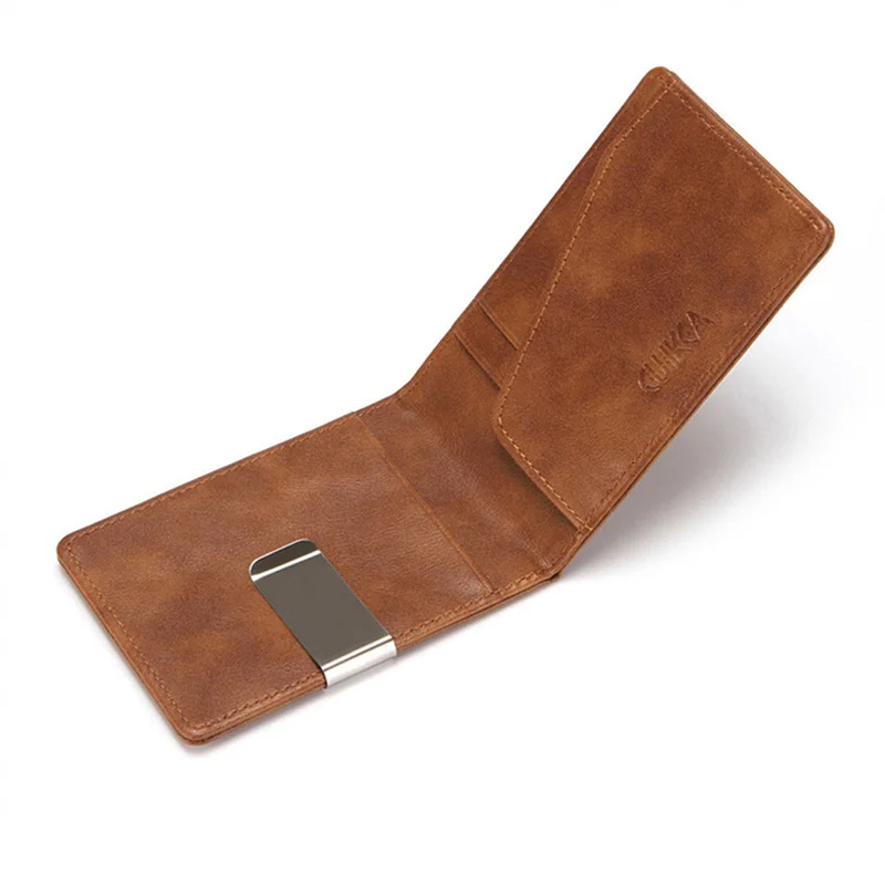 

Hot Sale Fashion Solid Men's Thin Bifold Money Clip PU Leather Wallet with Metal Clamp Female ID Credit Card Purse Cash Holder