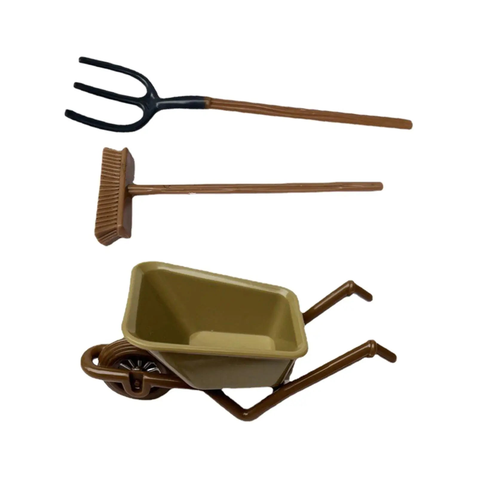 

3Pcs 1:12 Scale Dollhouse Farm Tools Assembled Cart Simulation Life Scene Miniature Agricultural Vehicle Grass Fork Broom Decor