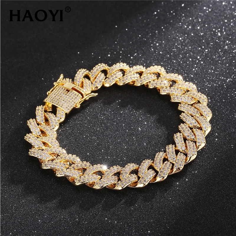 

Gold Color High-Quality Hip Hop Bling Iced Out Pave Men's Bracelet Miami Cuban Link Chain Bracelets for Men Jewelry