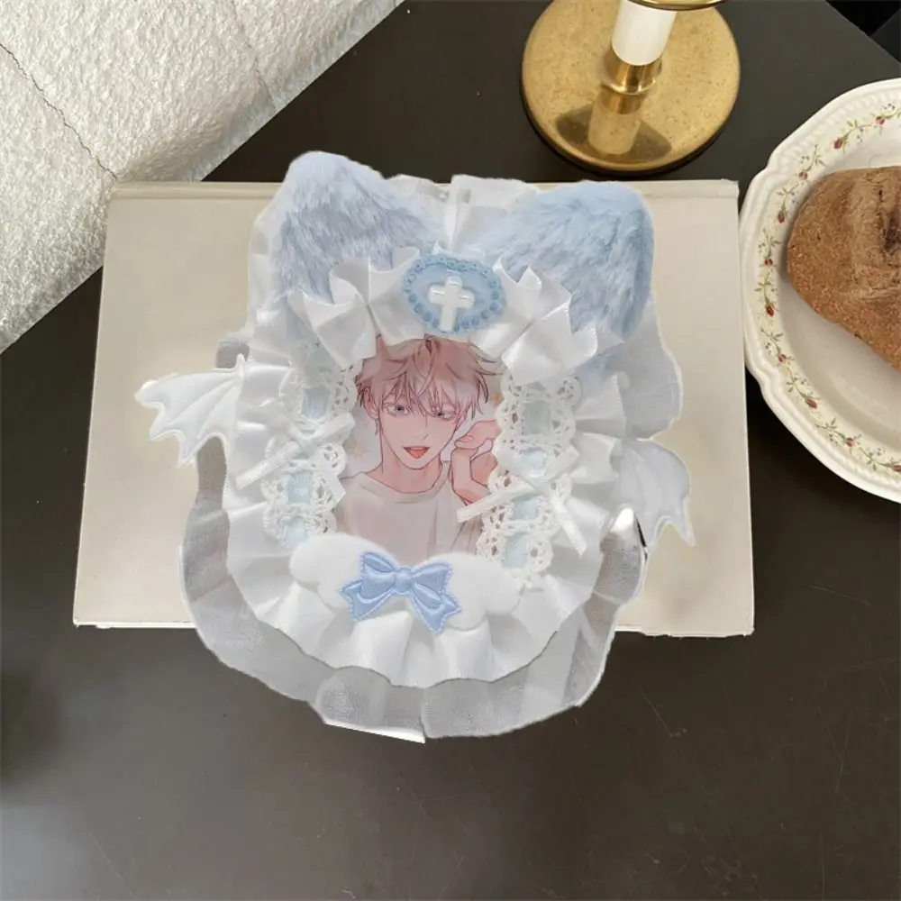 Ins Style Cartoon Plush Card Holder Lace Cat Ear Photo Protector Case Angel Wings Cute Star Chasing Pendant Keychain Student