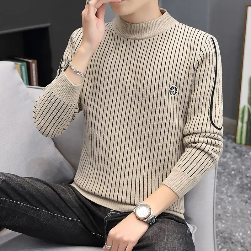 Fashion Stand Collar Spliced Embroidery Striped Sweaters Men's Clothing 2023 Winter Loose Knitted Casual Pullovers Korean Tops 3