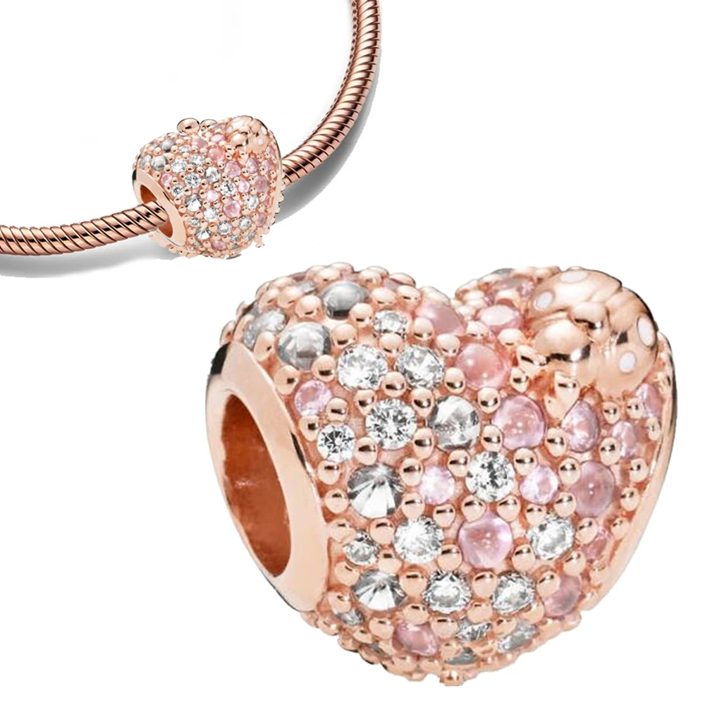 Rose Gold Heart Shape Silver Colour Charm for Women Festival Jewelry Gift Fit DIY Bracelet Necklace Chrams