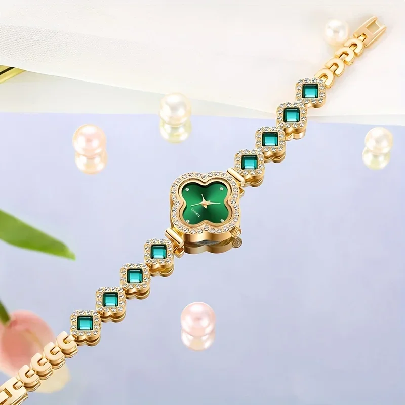 2pcs/set Women's Watch Luxury Rhinestone Clover Pointer Quartz Watch Steel Band Bracelet Wrist Watch & LOVE Bangle, Gift For Her