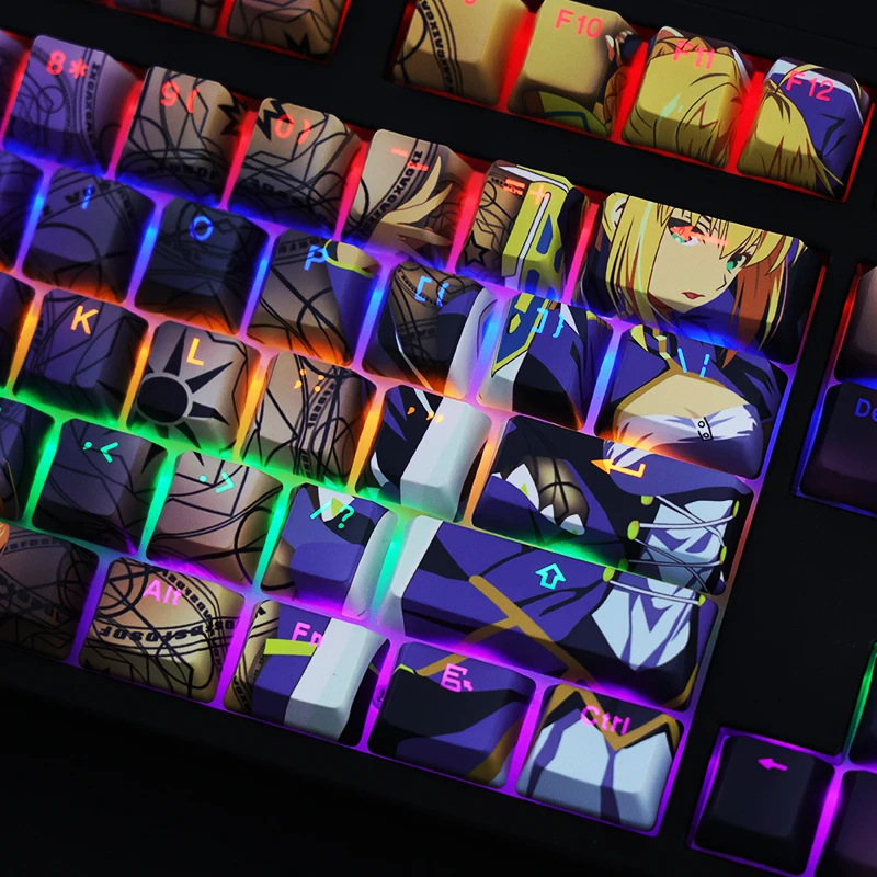 Chaves Conjunto Pbt Tintura Subbed Keycaps dos Desenhos Animados Anime Gaming Key Caps Oem Perfil Backlit Keycap para o Sabre da Noite do Destino Estadia Altria 108 - Imagem 2