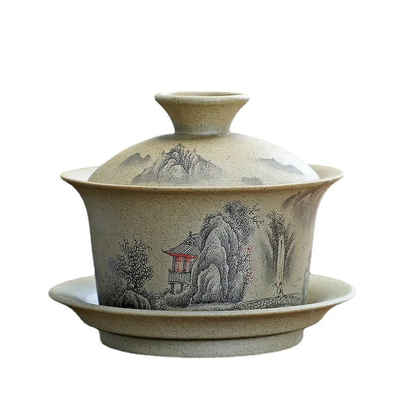 Coarse Pottery Cap Bowl with Purple Sand Making Kung Fu Tea Set Hand Grasping Three Color Bowl Tea Cup,tea set